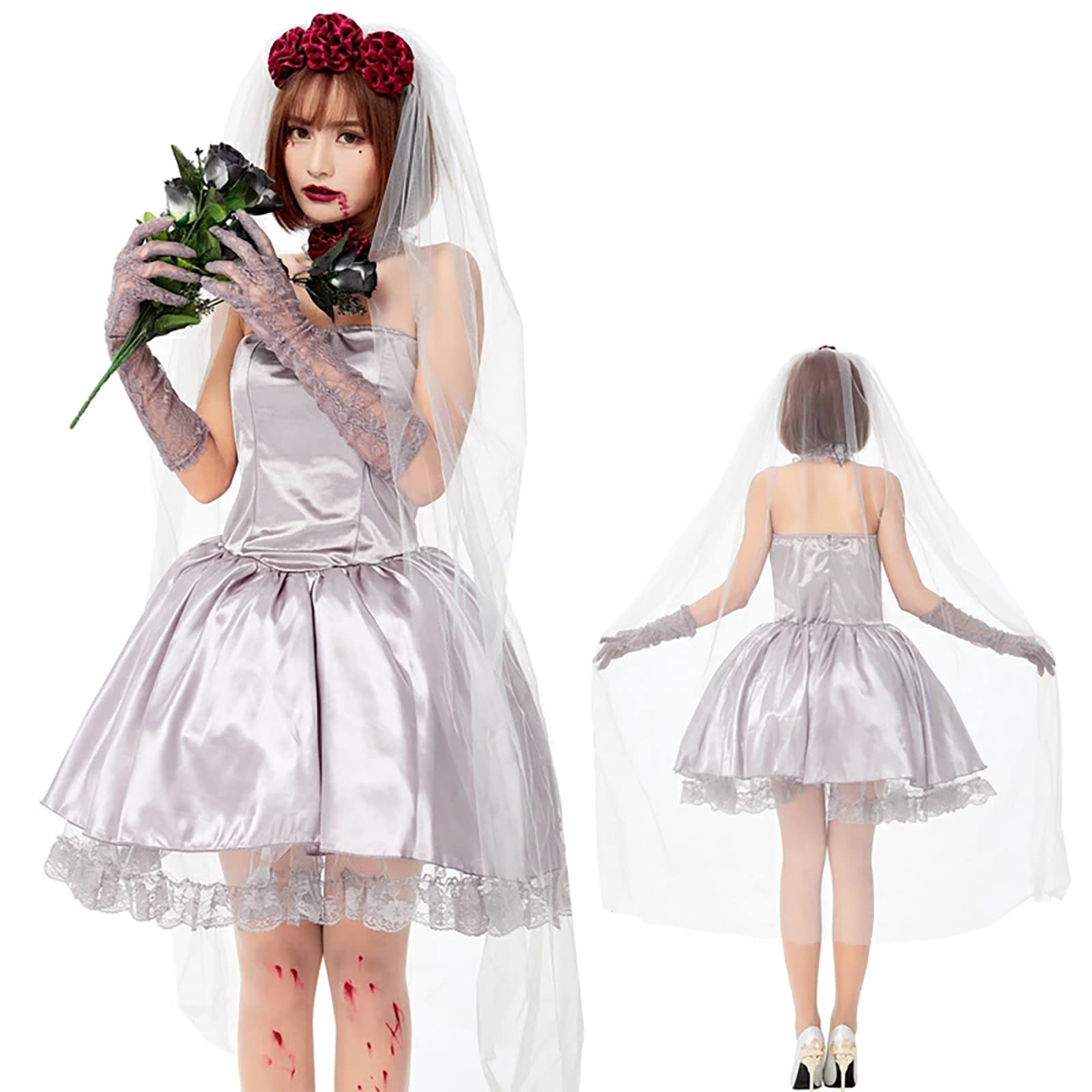 

Женское сексуальное платье невесты-зомби серебряного цвета из 4 частей Milky Time с розовой фатой для косплея на Хэллоуин