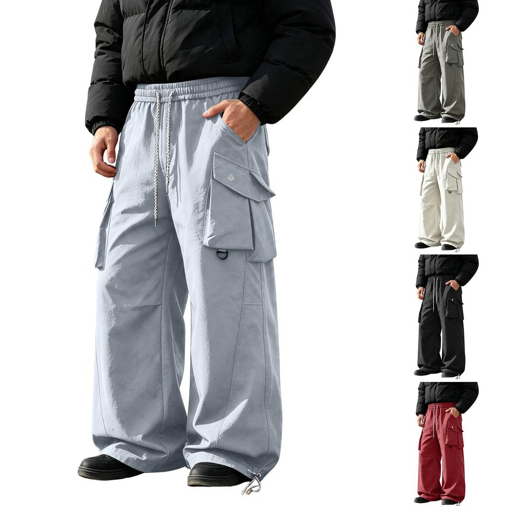 Men's Wide Leg Cargo Pants Casual Loose Fit Retro Multi-Pocket Gray Work Pants for Spring and Fall