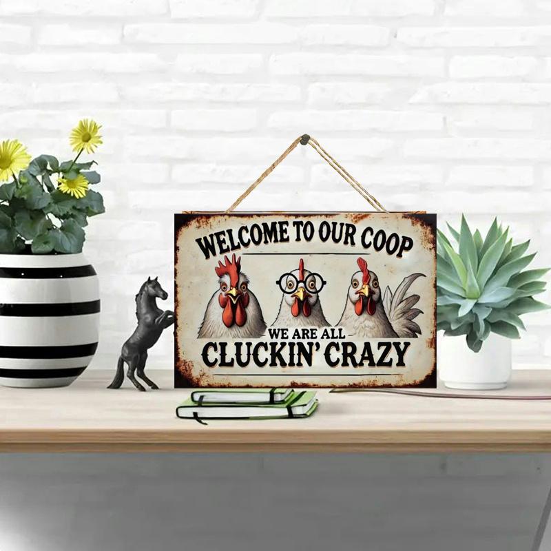 2D Flat 30*20cm Vintage 'We're All Crazy Like Chickens' Wooden Wall Sign Rustic Farmhouse Decor with Humorous Chicken Design | Perfect for Home, Bar