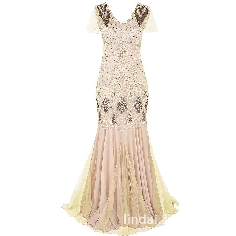 

Жіноча вінтажна вечірня сукня з паєтками та риб ячим хвостом 1920-х років для банкетів та вечірок. 3X Large бежевий/золотий