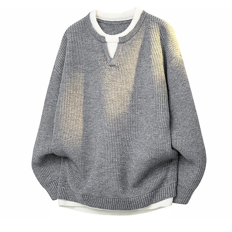 Mens Fake Two Piece Patchwork Thick Knit Loose Pullover Sweater