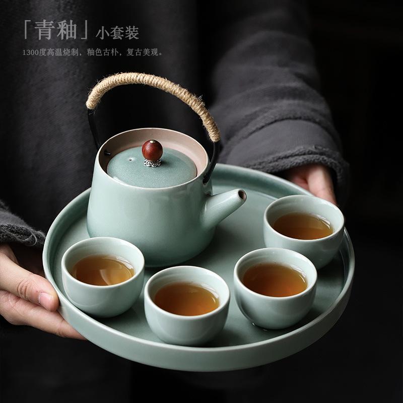 Ceramic Kung Fu tea set, small set, household with tea tray, teapot, teacup, azure simple tea set, complete set of tea gifts
