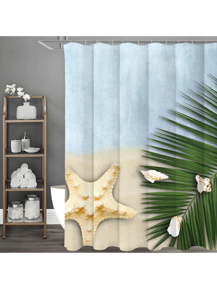 Ocean Shell Starfish Palm Leaf Shower Curtain, Bathroom Decorative Shower Curtain, Waterproof Shower Curtain With Hooks W60H190(CM)-1 Pcs