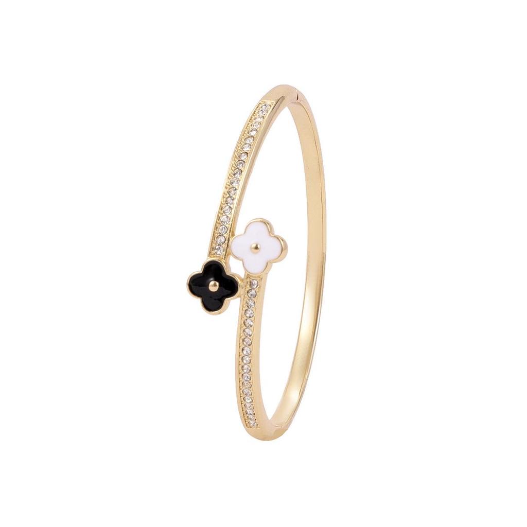 Diamond-Studded Enamel Four-Leaf Clover Women's Bracelet - Retro High-End Open Bangle Jewelry