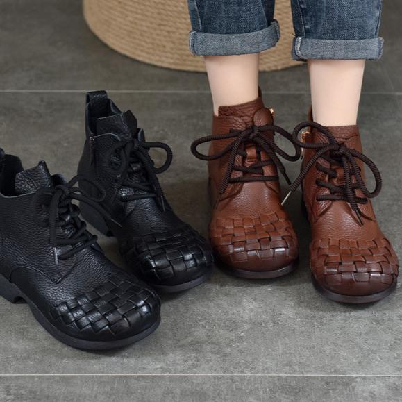 Johnature Stivali da donna in vera pelle intrecciata a mano retrò Stivali corti in vera pelle con lacci e punta tonda