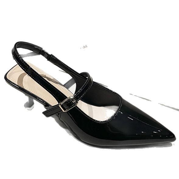 Fashion high heels women's pointed head 2025 new autumn patent leather back empty temperament single shoes black thin heel summer sandals