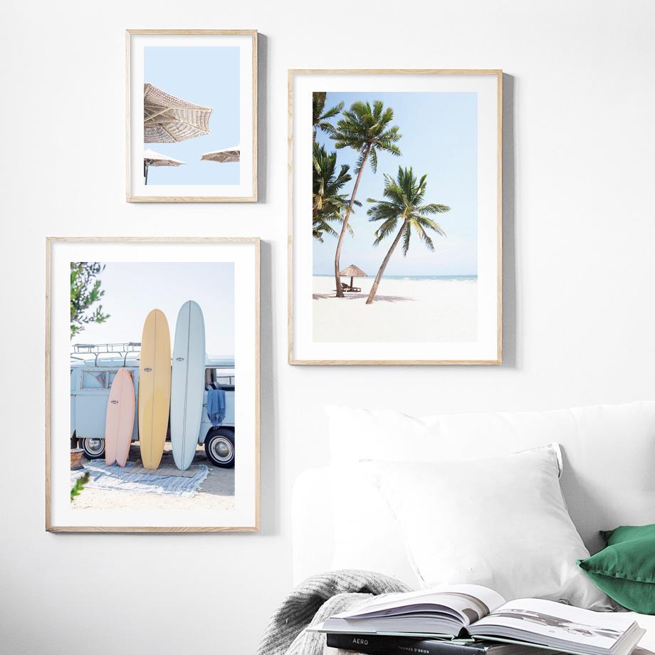 Фламінго Дошка для серфінгу Пляж Океанські хвилі Ракушка Настінне мистецтво Картини на полотні Тропічні плакати та принти Настінні картини для домашнього декору