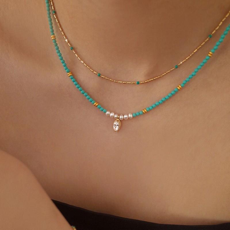 Handmade Geometric Turquoise Pendant Necklace Women Minimalist Locket Chain 45cm Adjustable Length Boho Chic Jewelry Magnesite Turquoise Necklace 40-50cm