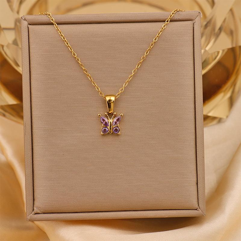Retro Commuter Christmas Necklace: 18K Plated Titanium Steel with Zircon Inlaid Colorful Butterfly Pendant for Women
