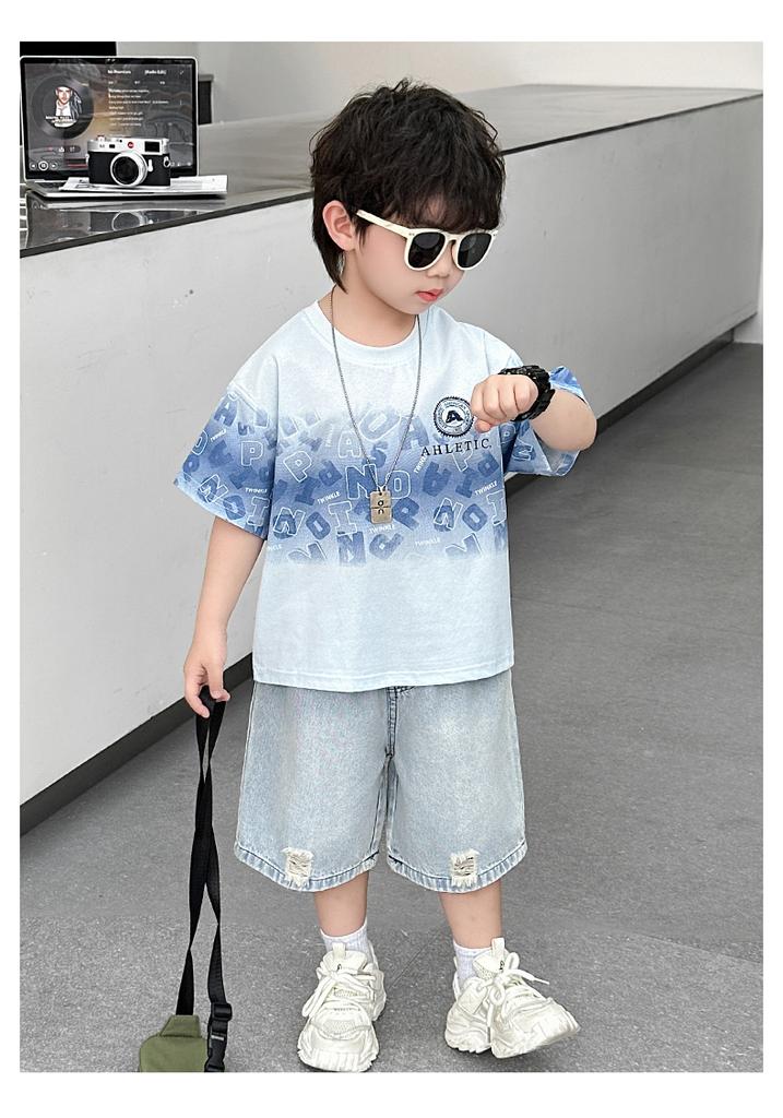Boys' Loose Short Sleeved Summer Outfit Children's Set 2026 New Style Baby Korean Style Handsome Ripped Jeans Two-piece Set