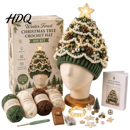 Parent Child Interaction Craft Christmas Tree Crochet Hat DIY Kit Beginner-Friendly Light-Up Kit Complete with Yarn Tools Guide for Holiday