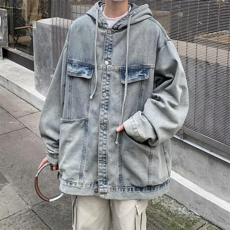 

Men s Trendy Distressed Denim Hooded Jacket - Fashionable Spring/Autumn Loose Fit XL синій