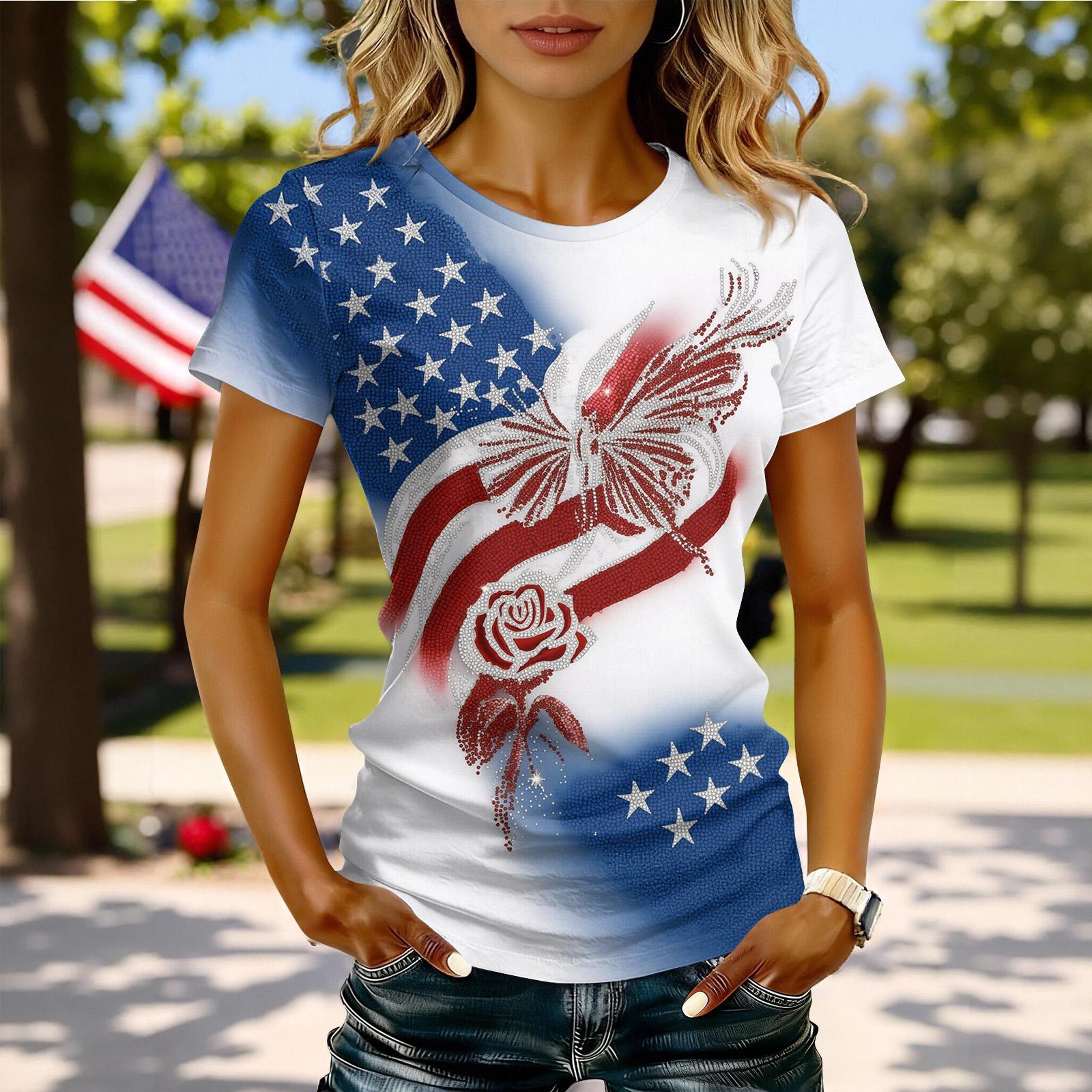 

250 Anniversary USA Shirt Women Trendy Print Patriotic American Flag Tops Pullover Casual Loose Short Sleeve T Shirts L белый
