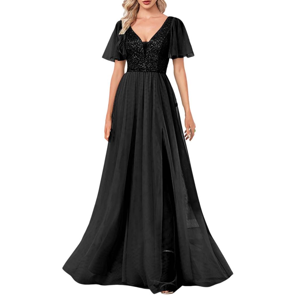 Evening Dress Banquet Mesh Long Swing Dress V-neck Sexy Short-sleeved Long Dress