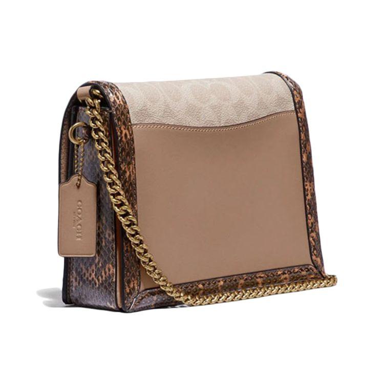 Coach Hutton 21 Classic Monogram Color Block Personality Leather And Snakeskin Coated Canvas Small Shoulder Crossbody Bag Women Bags Brown 89068-B4PVR