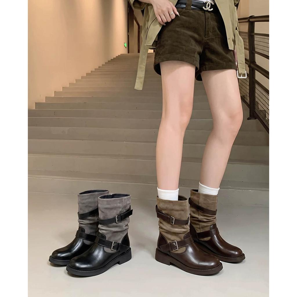 Galoa~ Vintage Belt Buckle Pile Boots Women's Maillard Western Cowboy Boots Knight Boots Long Boots Tall Boots