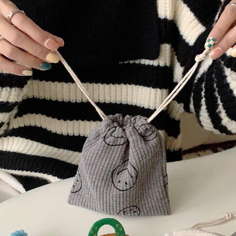 Vintage Corduroy Drawstring Cosmetic Bag Adorable Smiley Face Organizer Pouch