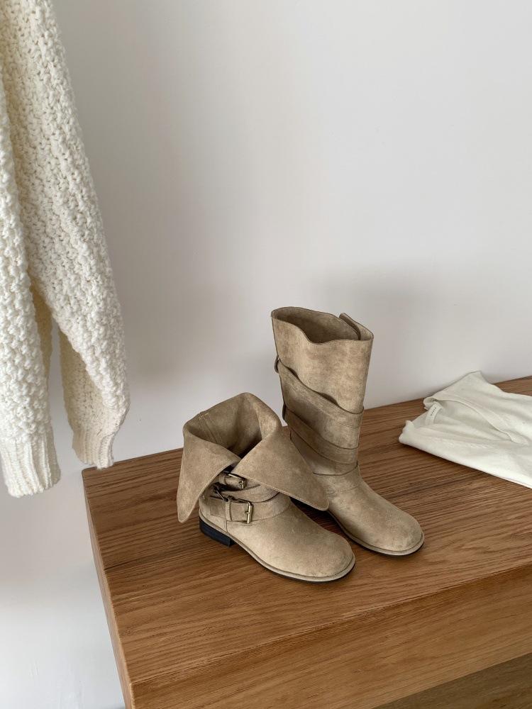 French retro thick-soled high knight boots women's 2025 autumn new Korean version temperament fashion suede thin short boots