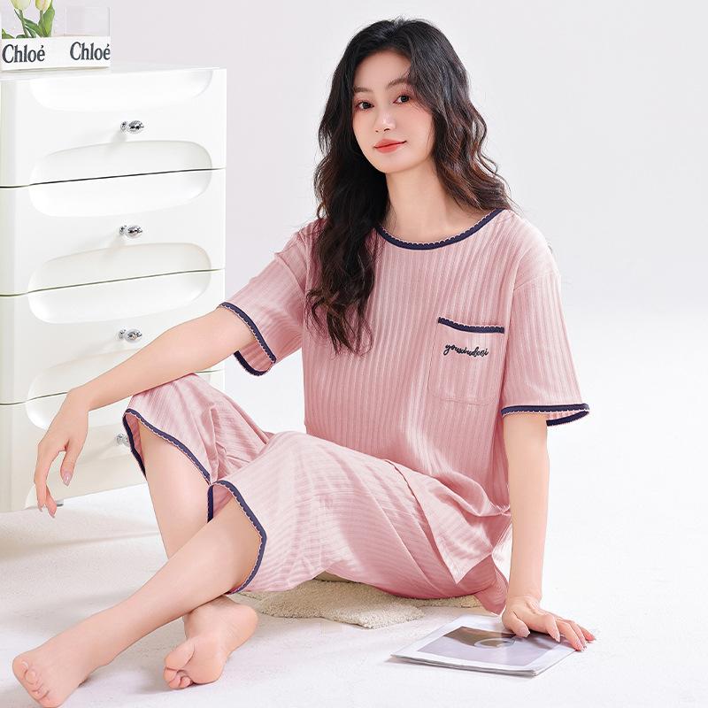 Pajamas women's summer pure cotton short-sleeved printed cropped pants thin cotton women's loungewear summer loose large size set