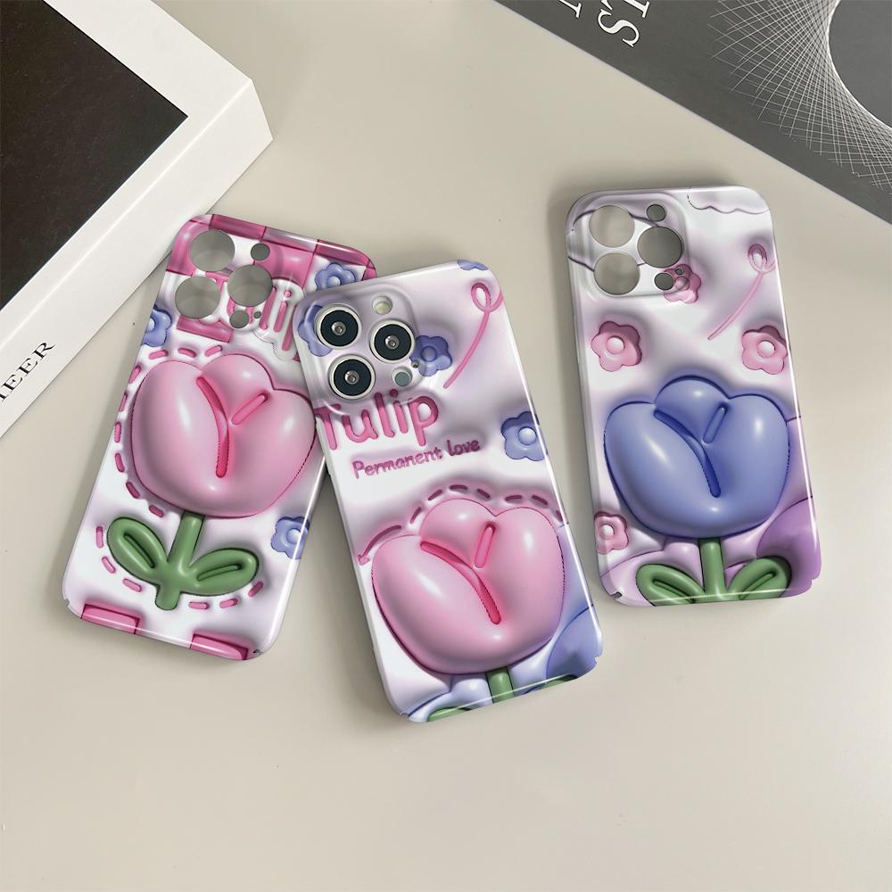 For iPhone 16 15 14 Samsung S23 A23 A52 A33 A73 A53 Huawei Xiaomi Redmi OPPO Vivo Stereoscopic Style Tulips Design Full Camera Protect Hard Phone Case