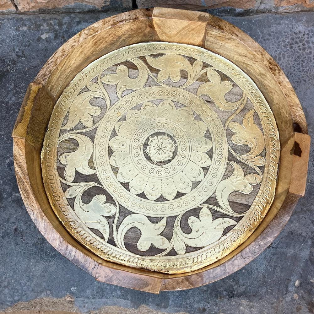 Wooden Brass Side Chakki Grinder Stool Table For Home Decor Furniture | Indian Central Coffee Table Art Decor Stool, End Table Aata Chakki