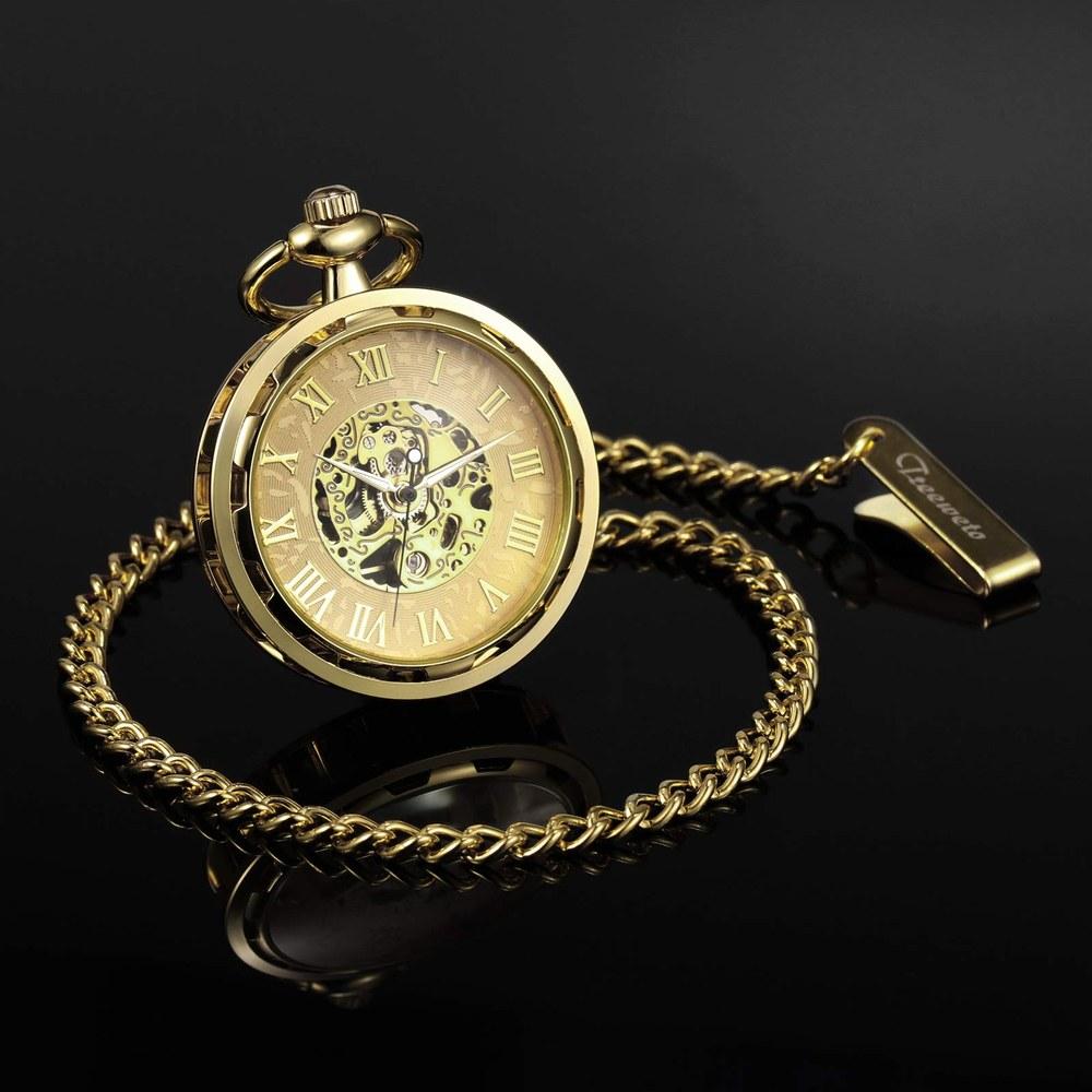 TREEWETO Pocket Watch Hand Wind Antique Mechanical Skeleton Chain Men's Gold