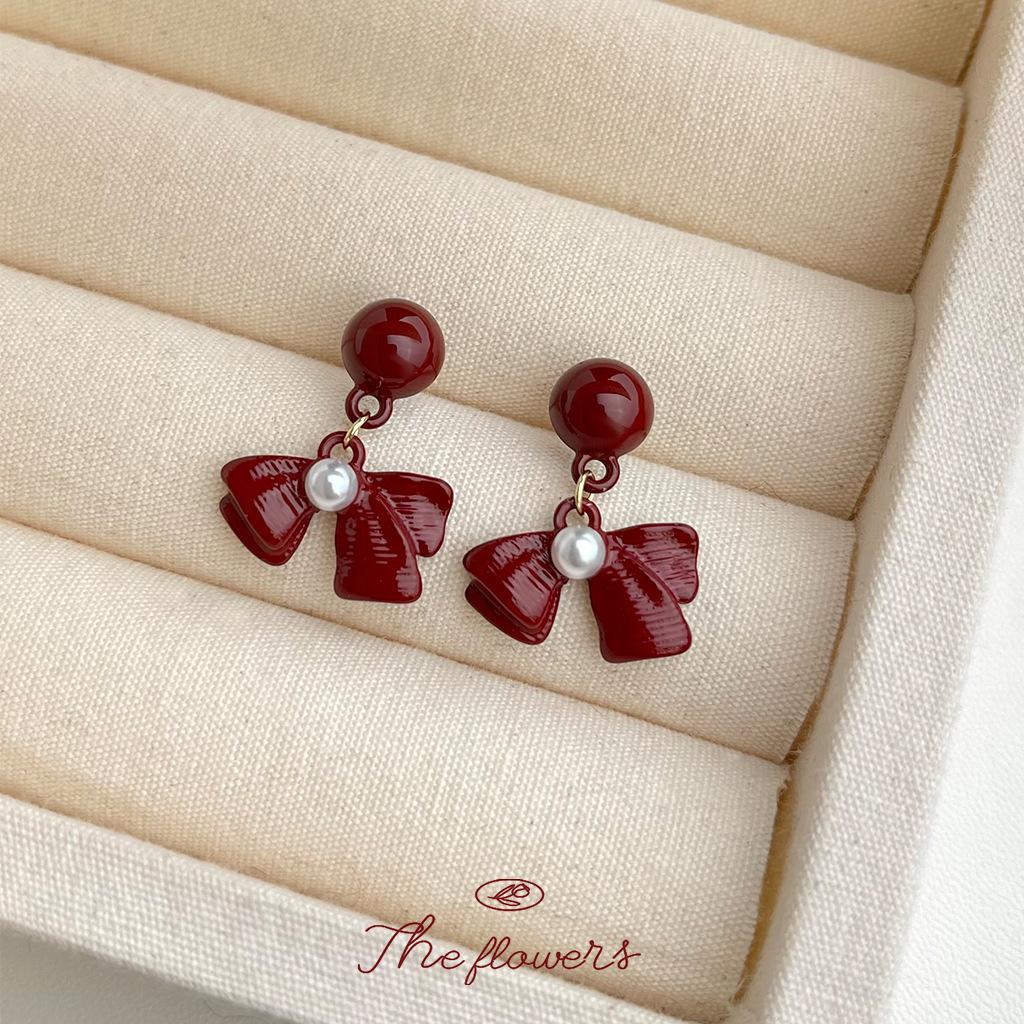 Бордовая текстура краски серьги-бантики литературный ретро гонконгский стиль осенне-зимние новые серьги ювелирные изделия