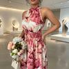 European and American women's 2026 summer halter waist-cinching sleeveless ruffle dress