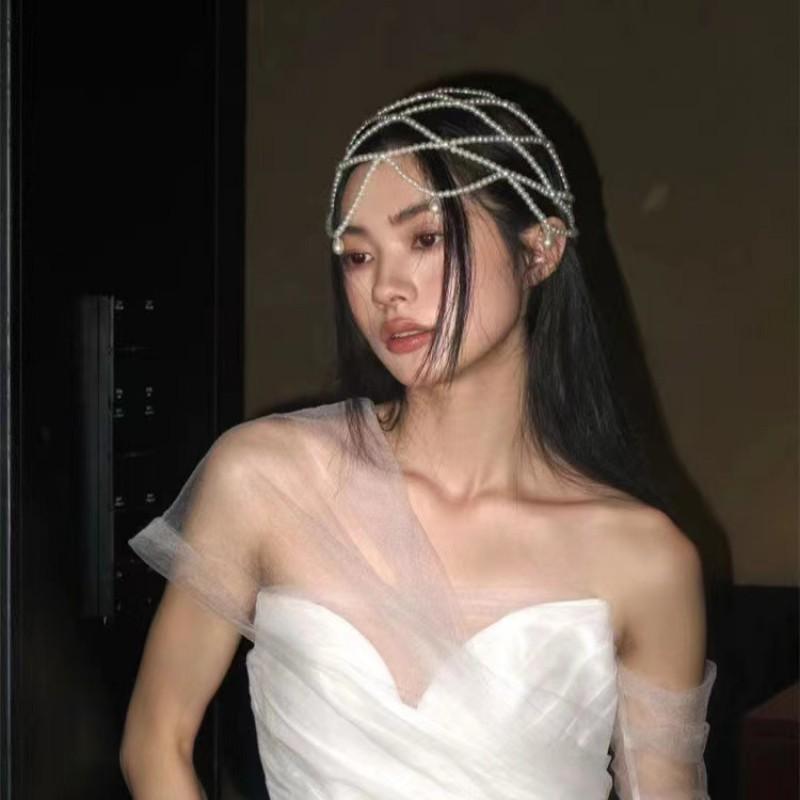 Handmade Bohemian Bridal Headpiece With Pearl Drop Beads Mesh Hair Accessory Wedding Party Fashion Show