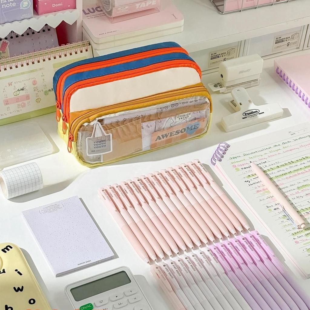 Cream Pencil Bag Pen Case Hitting Color Blocked Staged Type Transparent Front Pocket Storage Pouch for Stationery