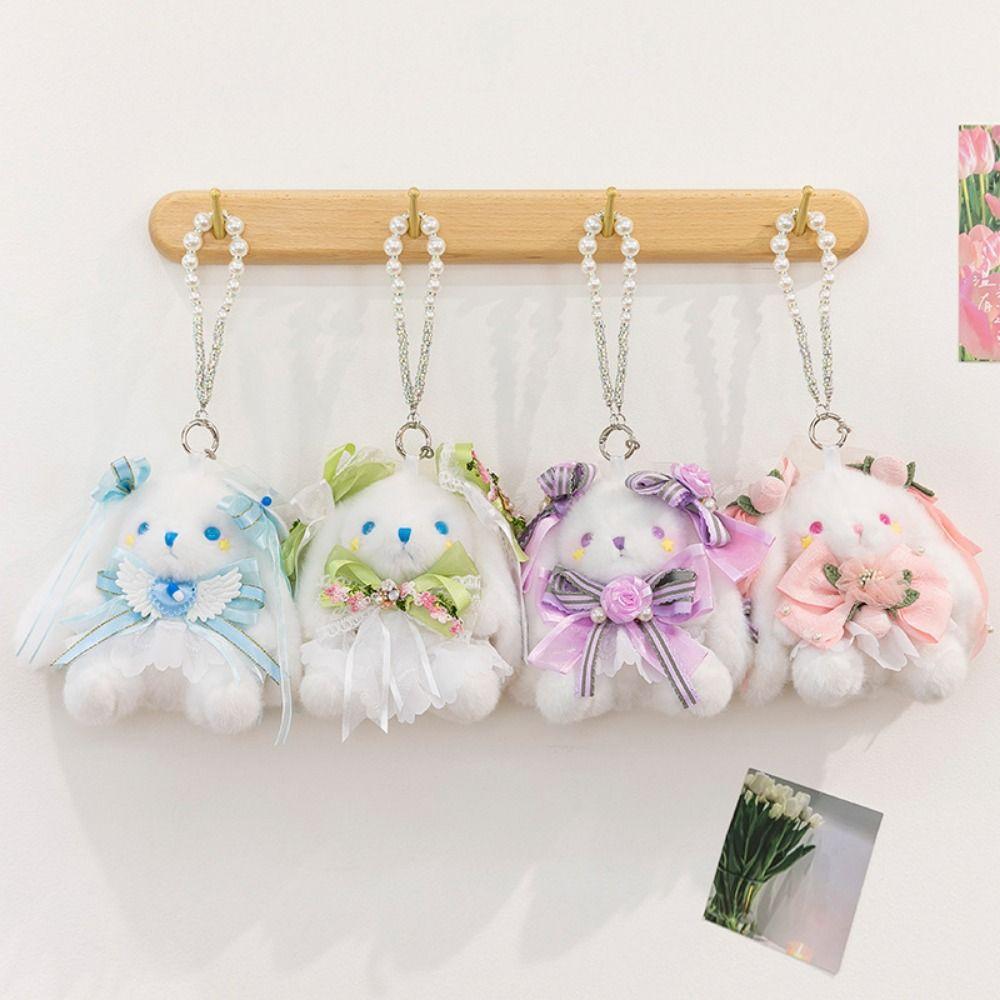 Stuffed Rabbit Doll Keyring Princess Pearl Dress Drooping Ear Rabbit Pendant  Backpack Decor