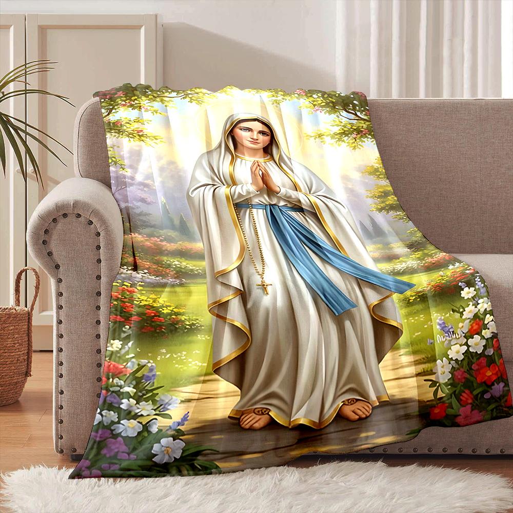 1PC Virgin Mary praying painting Faith-printed Flannel Blanket Soft and Warm Suitable for Home Travel Picnics Camping and RV