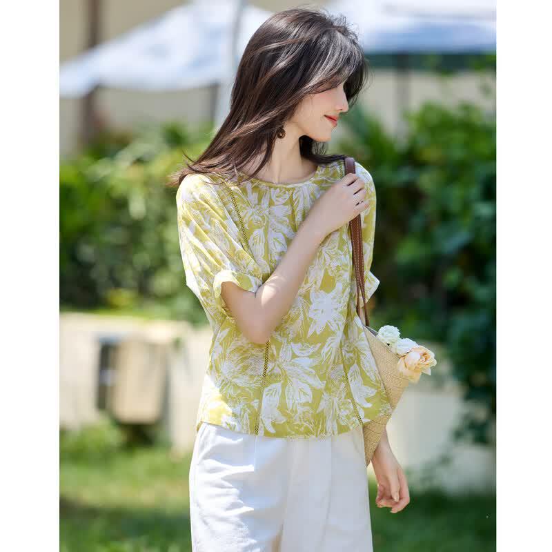 Women's Cotton Printed Puff Sleeve Short Sleeve Blouse
