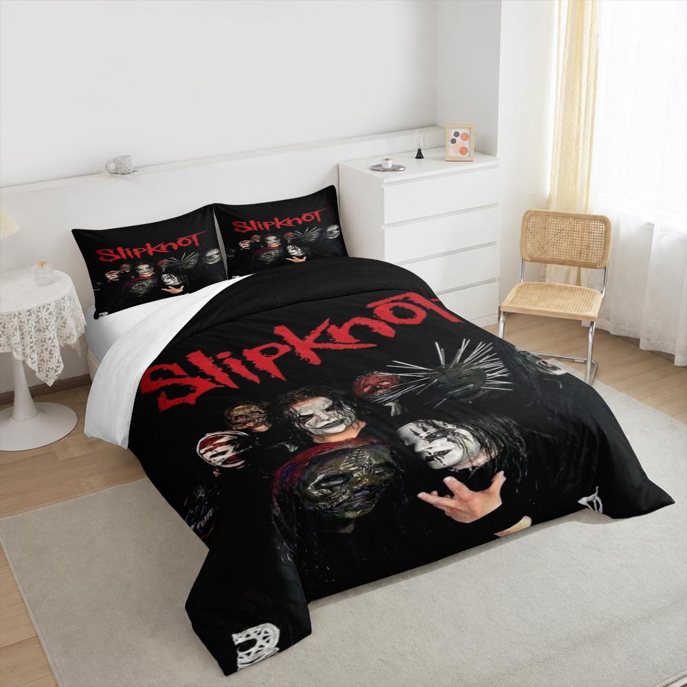 3 Piece Bedding Set with Duvet Cover and 2 Pillowcases - Slipknot Masked Band Group Print - Red Logo Black Decor