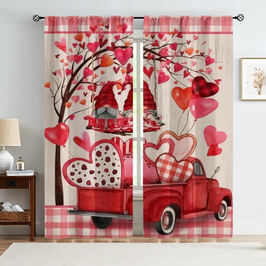 Set aus 2 Rot-Weiß karierten herzförmigen Gartenzwerg-Vorhängen Süßer Stil Wohnzimmer Schlafzimmer Dekorative Stangentaschen Vorhang für Hergestellt Polyester