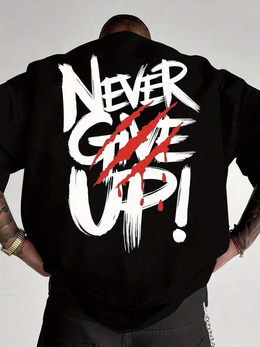 [Motivational T-Shirt] Motivational  NEVER GIVE UP!  T-Shirt - Black With Red Lettering, Loose Fit S разноцветный