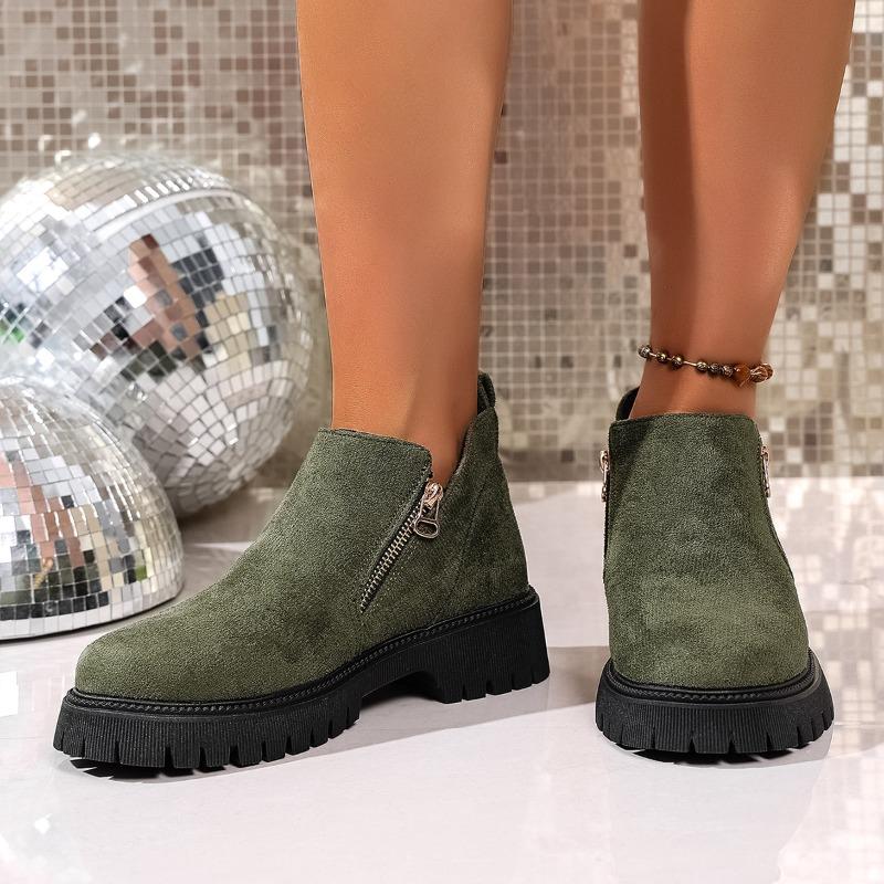 Fashion Stylish Side Zip Platform Single Shoes Autumn New Round Toe Suede Anti-slip Wear-resistant Short-thigh Boots