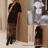 Elegantes durchsichtiges T-Shirt-Kleid mit Spitzen-Patchwork-Saum - Lässiger Kurzarm-Stil