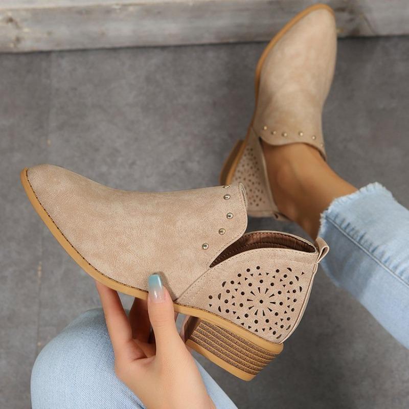 Chelsea boots autumn and winter new hollow pointed low tube square heel women's boots