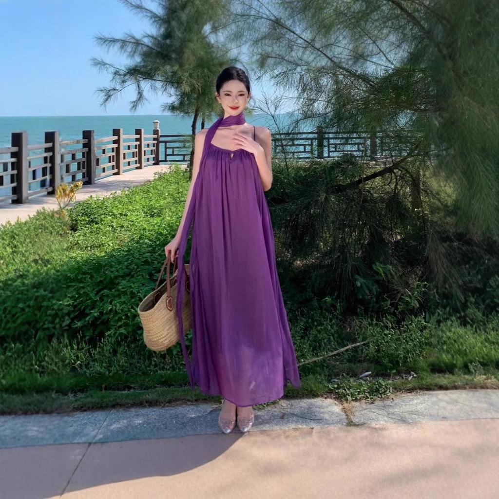Travel Clothes Backless Dress Summer Thin Purple Fairy Dress Photo Seaside Vacation Beach Dress