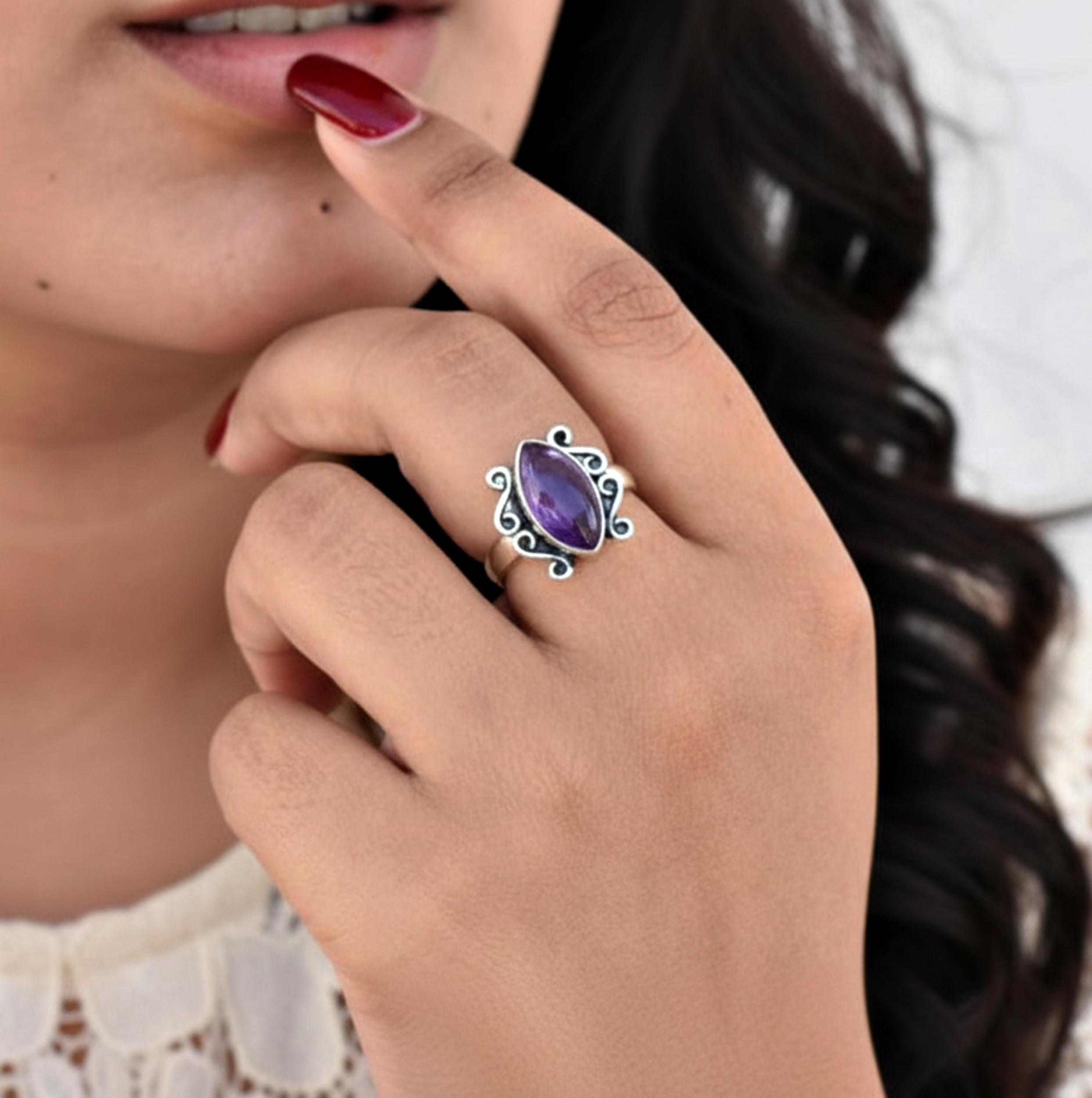 

Marquise Shape Purple Amethyst Ring, 925 Sterling Silver, Statement Bohemian Jewelry for Women 12 серебряный