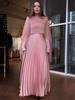 2025 Herbst Rosa Plissiertes Taillenbetontes Langarm-Kleid-Set für Damen