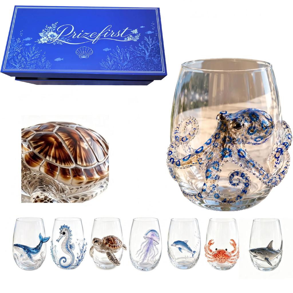 Set da 8 Bicchieri in Vetro con Disegni di Animali 3D - Scatola Regalo da 12 Colori per Feste e Uso Quotidiano