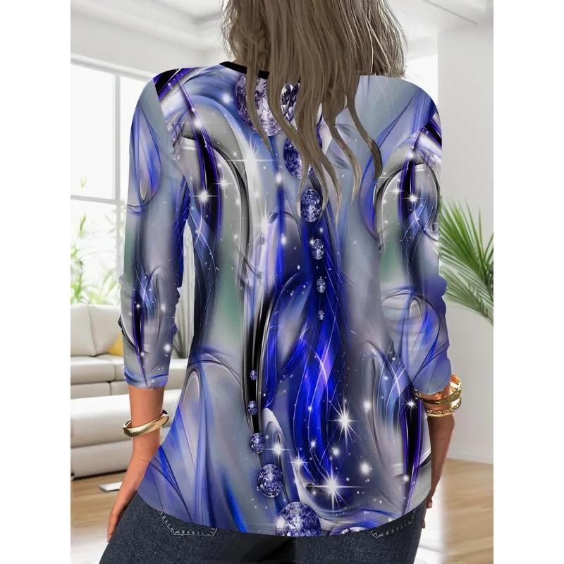 Elegant and Casual Spring and Autumn V-neck Zipper Floral Printed Long-sleeved Women's T-shirts