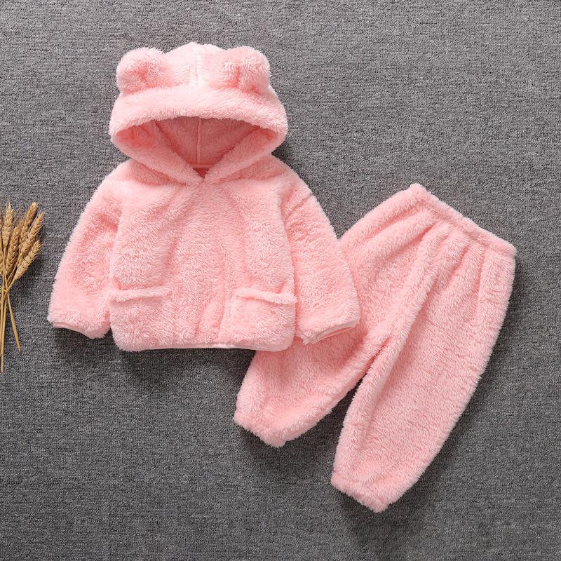 Children's Flannel Hooded Pajama Set - Warm Autumn/Winter Two-Piece for Baby