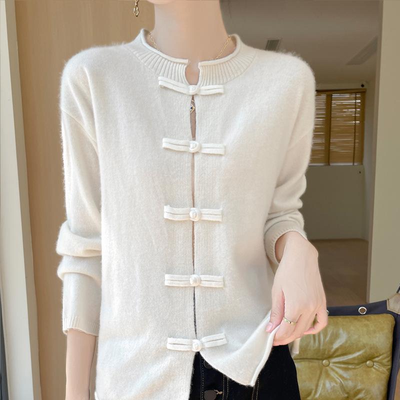 New Autumn and Winter Heavy Industry New Chinese Wool Cardigan for Women Knitted Button Jacket Retro Sweater Top Pure Wool Shirt