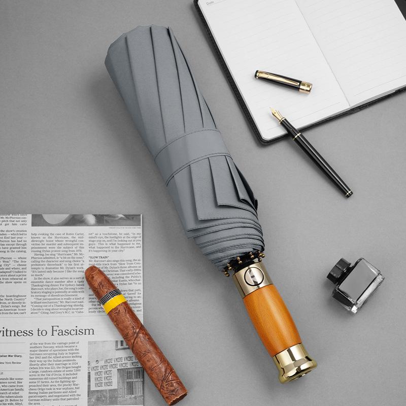 Automatic Light Luxury Wooden Handle Sun Umbrella Umbrella Oversized Men's Folding Umbrella