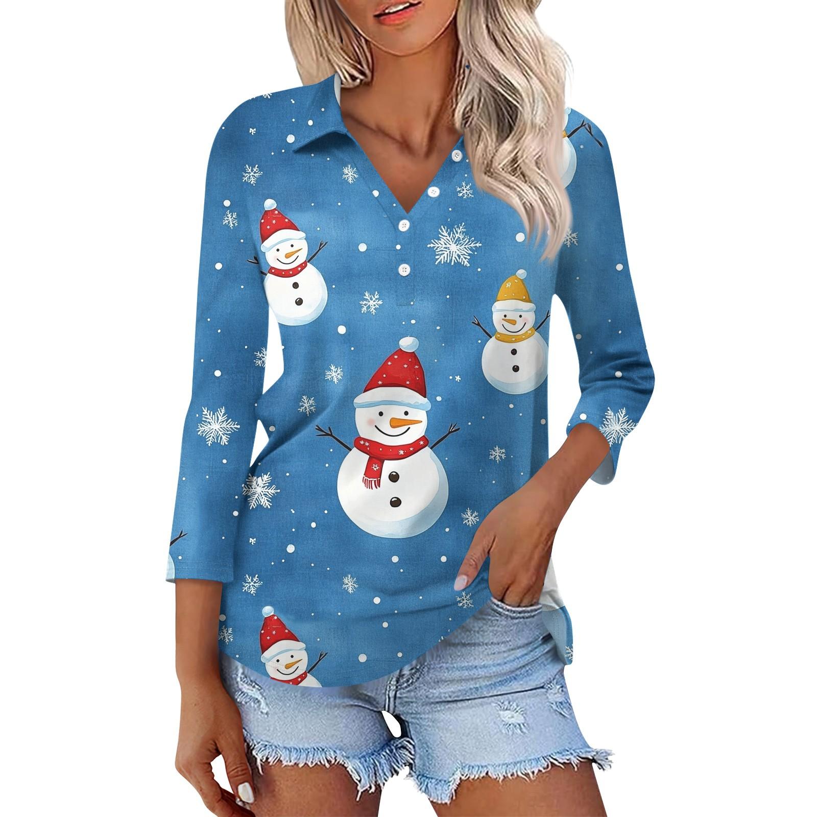 

Женская модная повседневная рубашка с рукавами 3/4 и рождественским принтом на лацканах XL киноварь