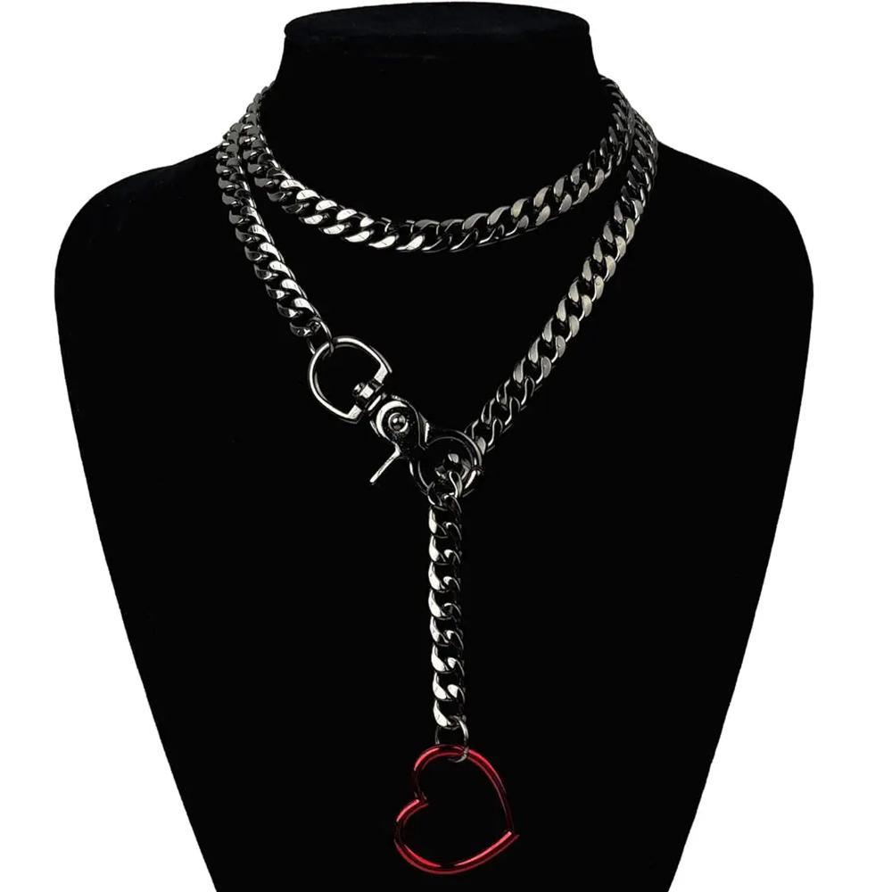 Women's Slip Chain Rainbow Heart O-Ring Chunky Chain Punk Necklace Cuban Jewelry Adjustable Lariat Y-Necklace Heart Loop Choker