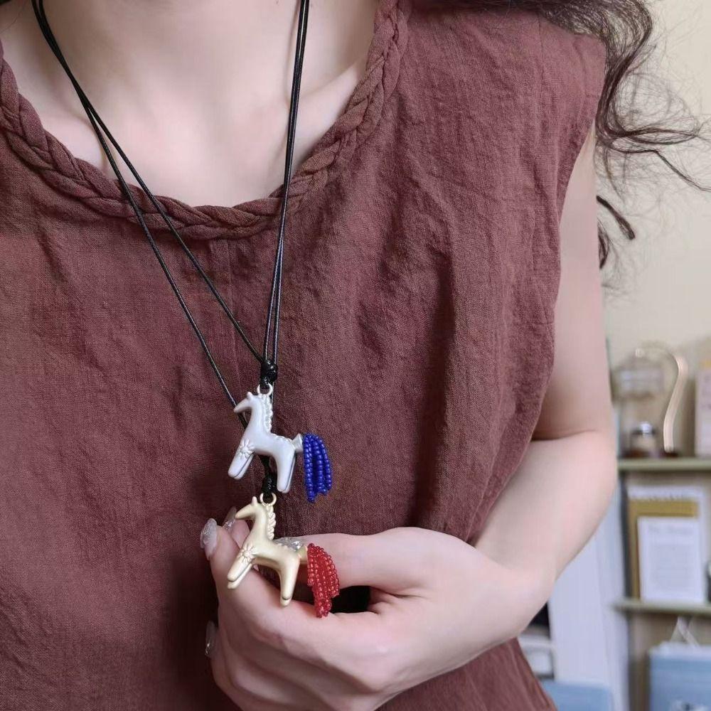 Sweater Chain Wax Rope Necklace Long PU Leather Necklace Pony Pendant Necklace Horse Year Gift
